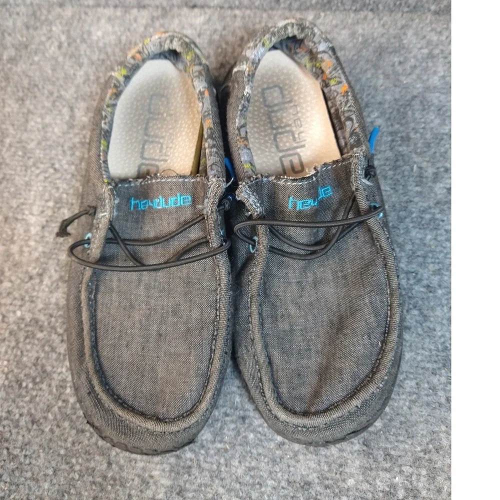 Hey Dude Wally Loafers Kids Size 2 Charcoal Grey Canvas Speckled Sole Slip On